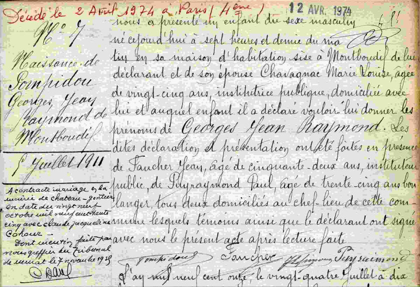 Acte de naissance de G. Pompidou (cote 26 NUM 4)